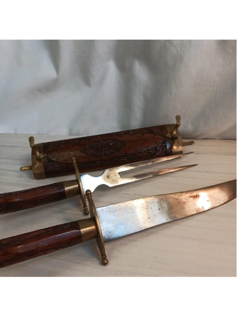 VTG India Carved Wooden Knife Cutlery Set Knife And Fork Brass Wood Sheath Boho
